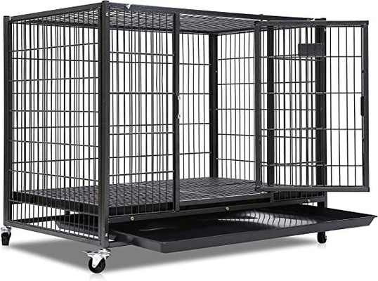 Anjing Besar Heavy Duty Metal Kennel dan Kandang dengan Empat Roda dalam Hitam Padat