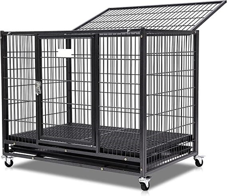 Anjing Besar Heavy Duty Metal Kennel dan Kandang dengan Empat Roda dalam Hitam Padat